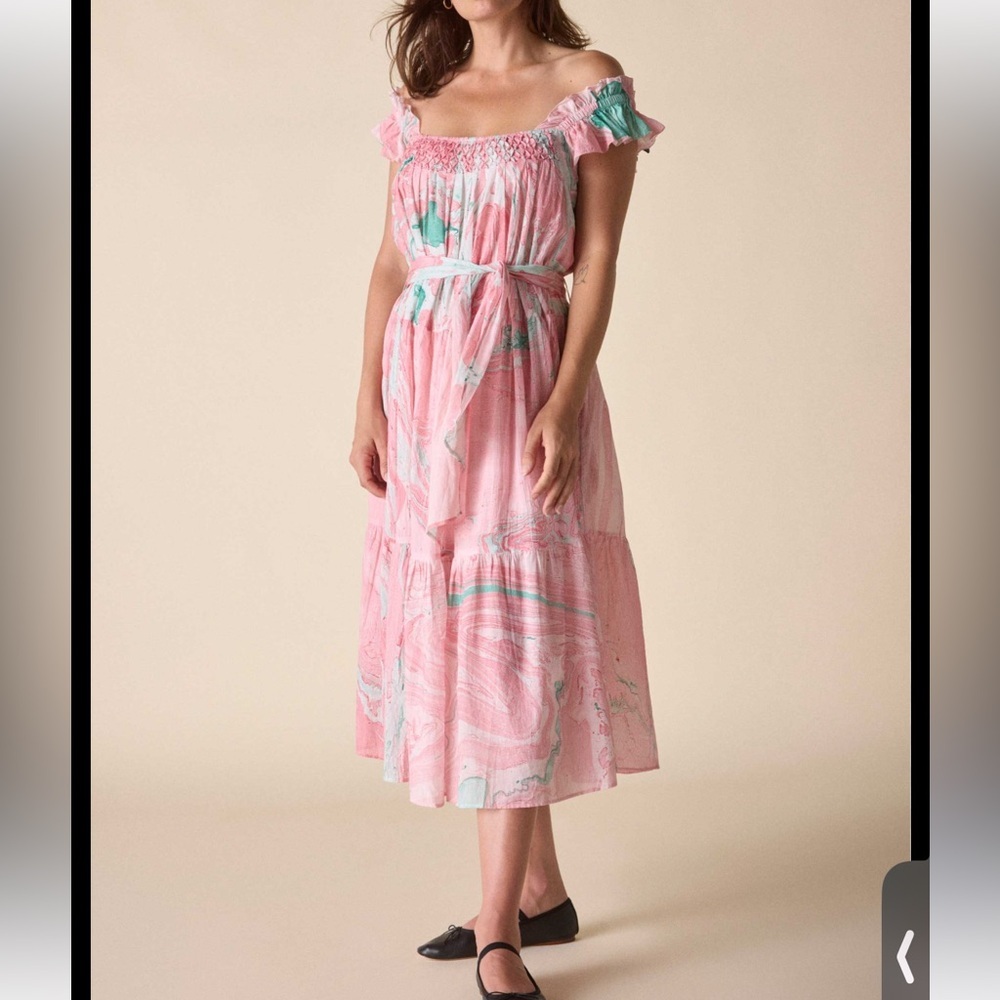 St. Roche Beautiful Hand Marbled Rowena Dress Organic Cotton Hand Smocking Sz. 4